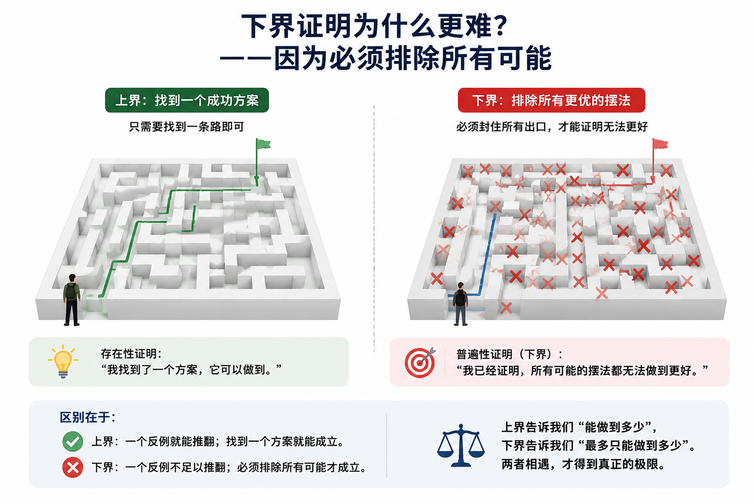 上界给出可行方法，下界给出不可逾越的限制